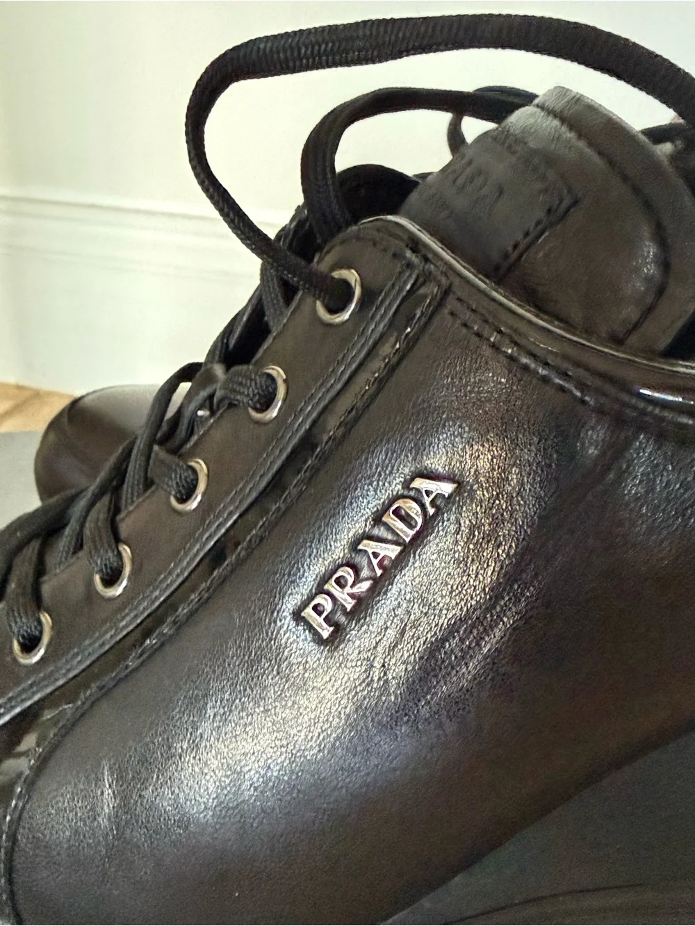Prada Black Leather Wedge Sneakers